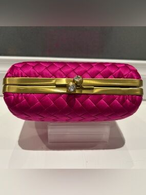 Fuchsia Satin Woven Evening Clutch with Gold-Tone Frame
